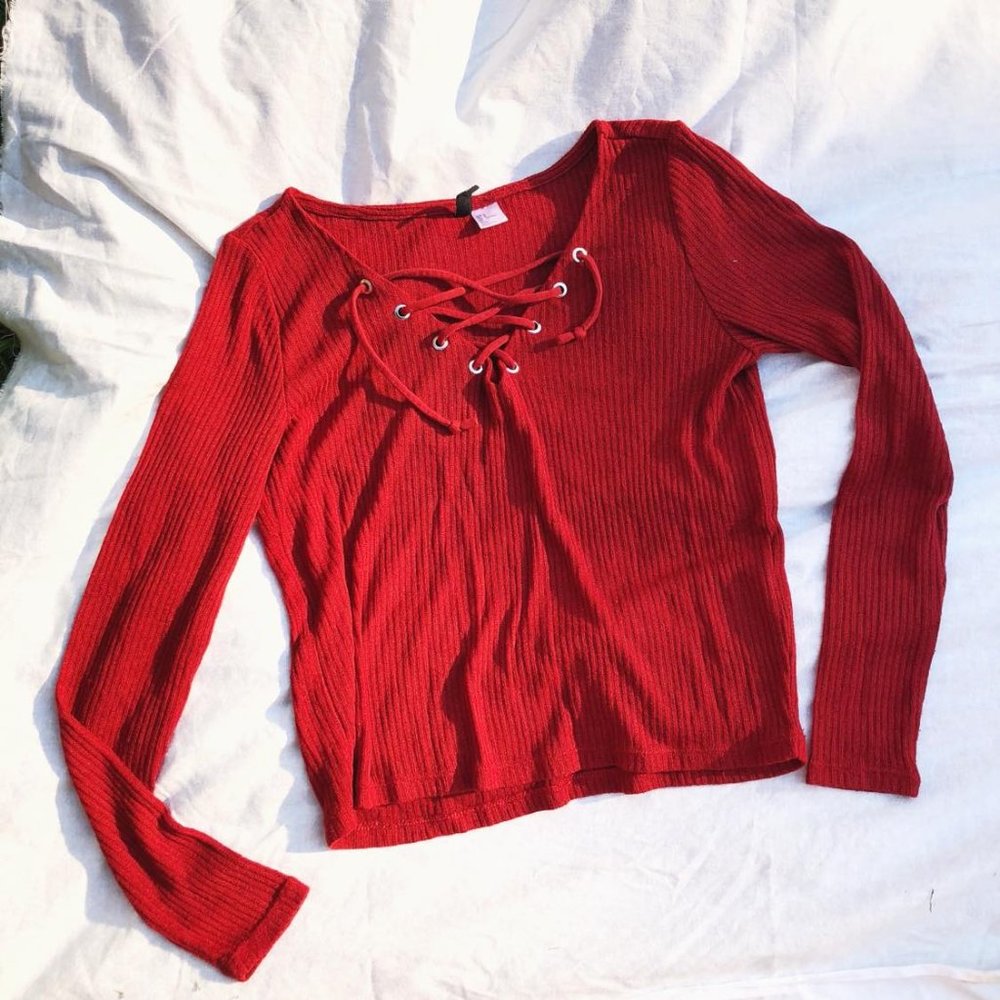 Red Lace Up Long Sleeve Shirt